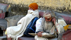 Saddhus leyendo textos védicos en Rishikesh.